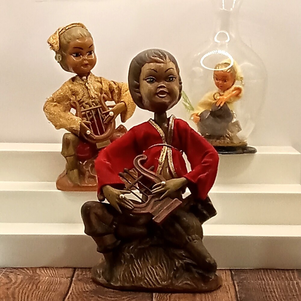TILSO PIXIE Musician Figurine LYRE Vtg Hong Kong SET OF 3 Plastic Fantasy Elf